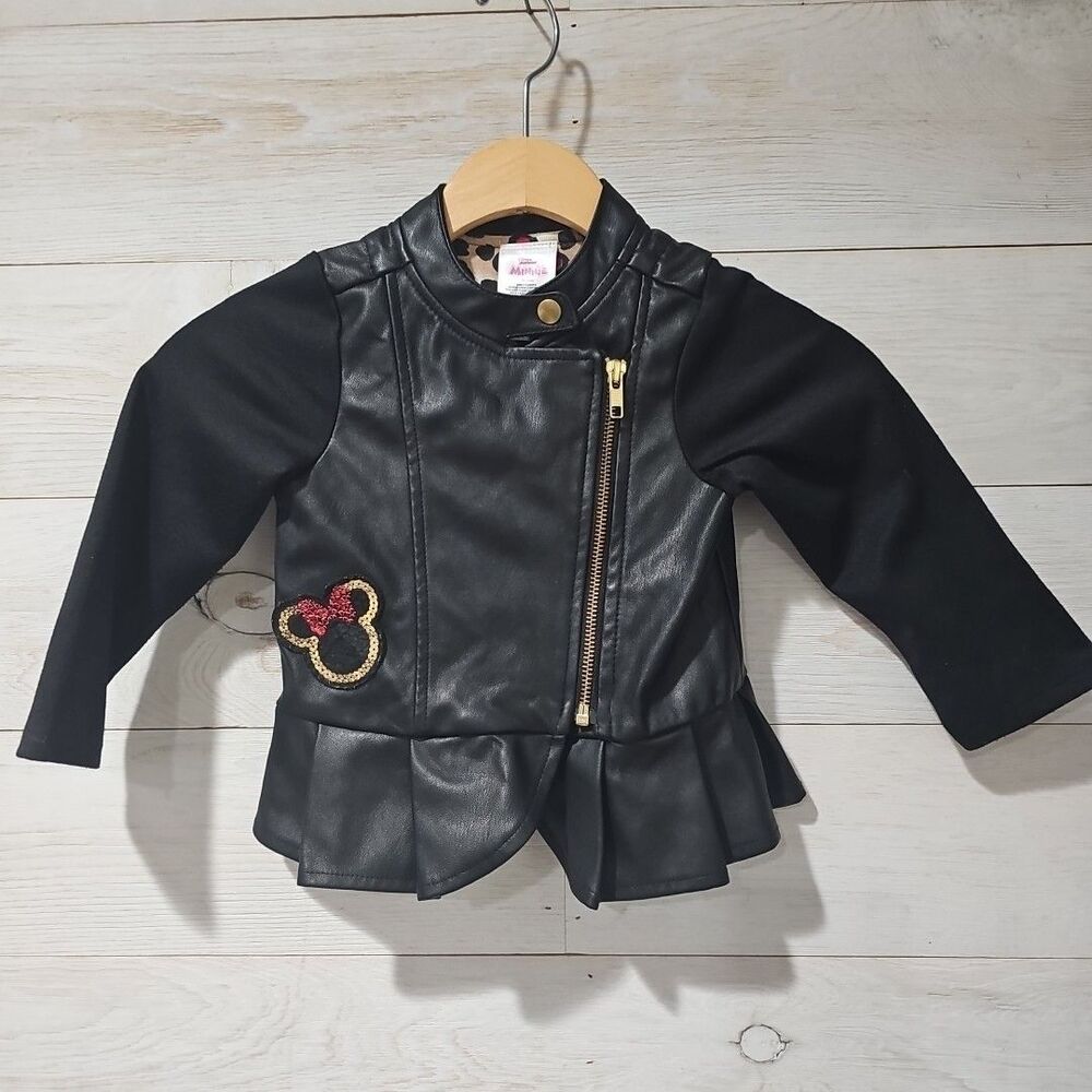 Disney Junior Minnie Mouse Faux Leather Jacket Coat Toddler 2T Knit Sleeves